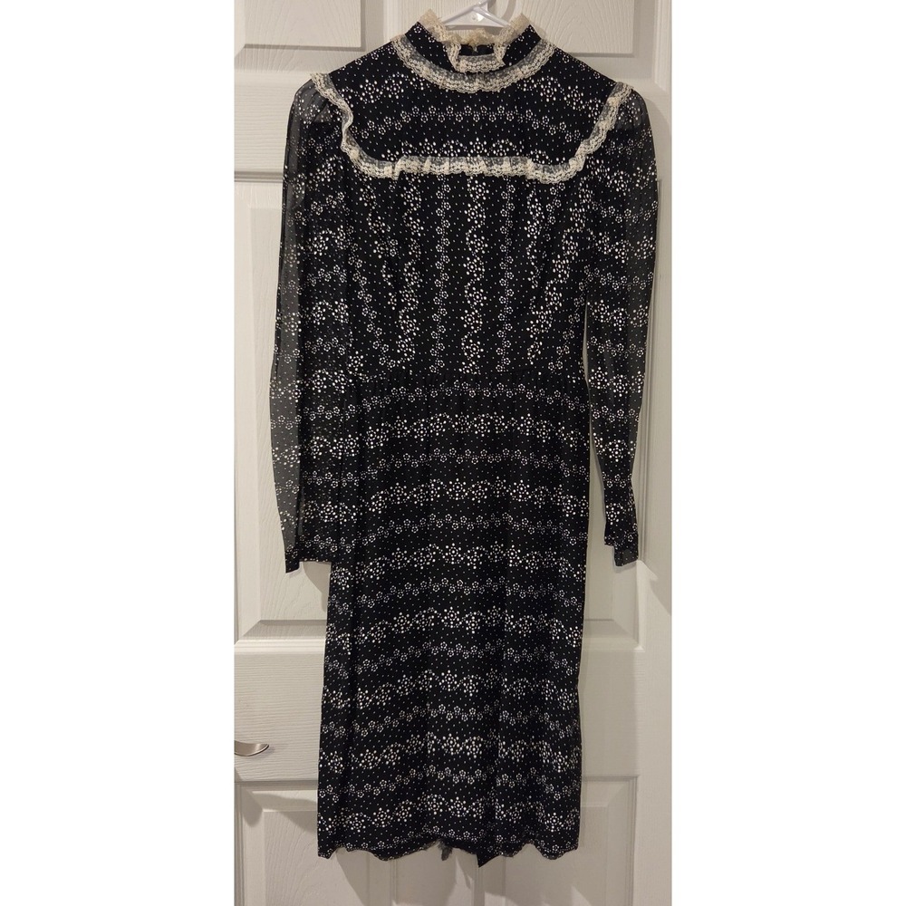Vintage 70s Lanz Originals XS Black Floral Lace Prairie Victorian Dress